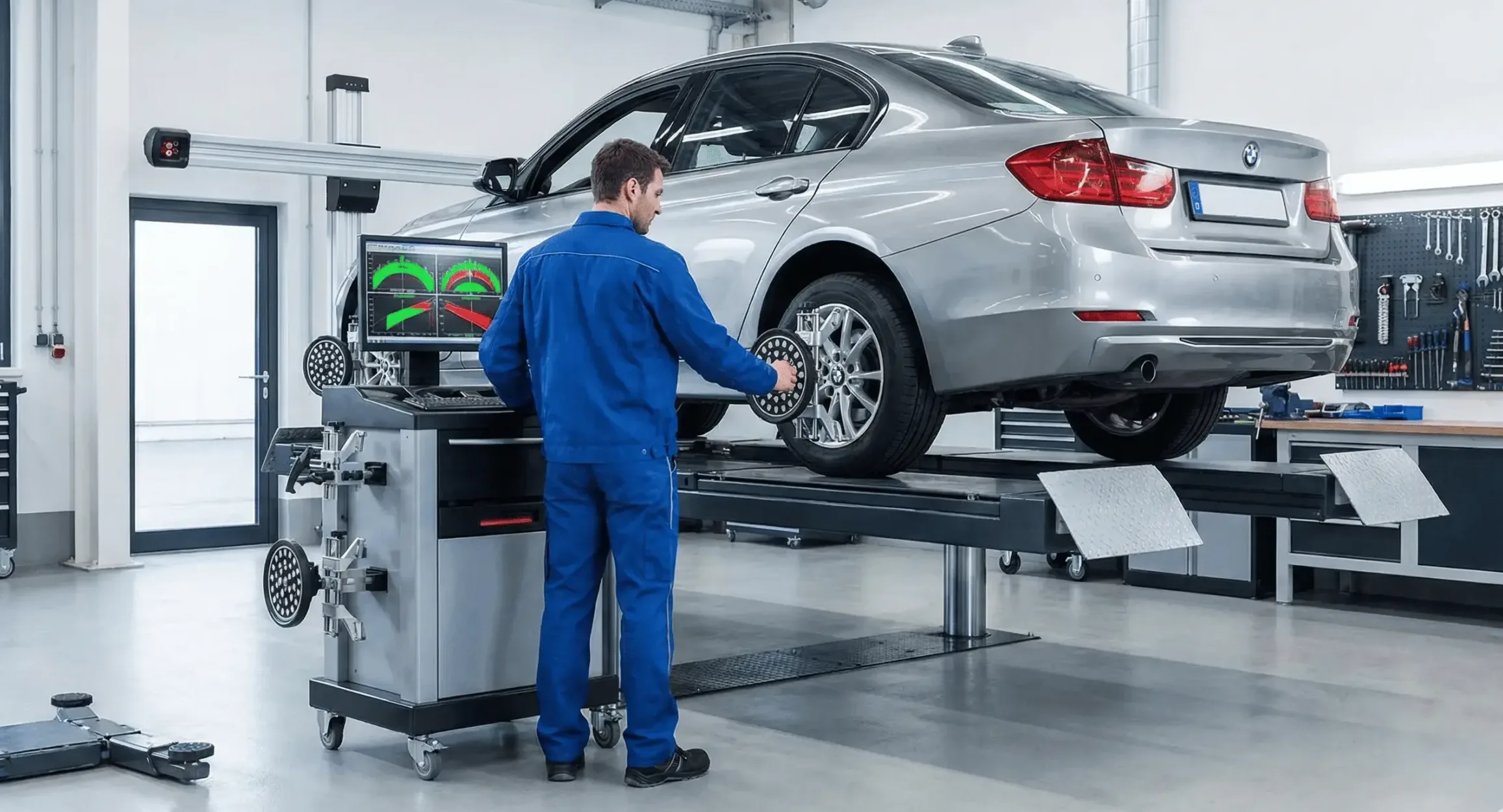 Mecánico realizando alineamiento 3D en taller profesional Mekanicos