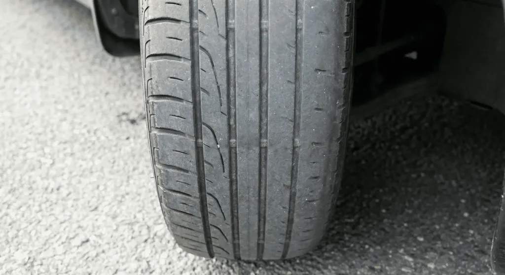 Llanta de carro con desgaste irregular y disparejo causado por falta de alineación