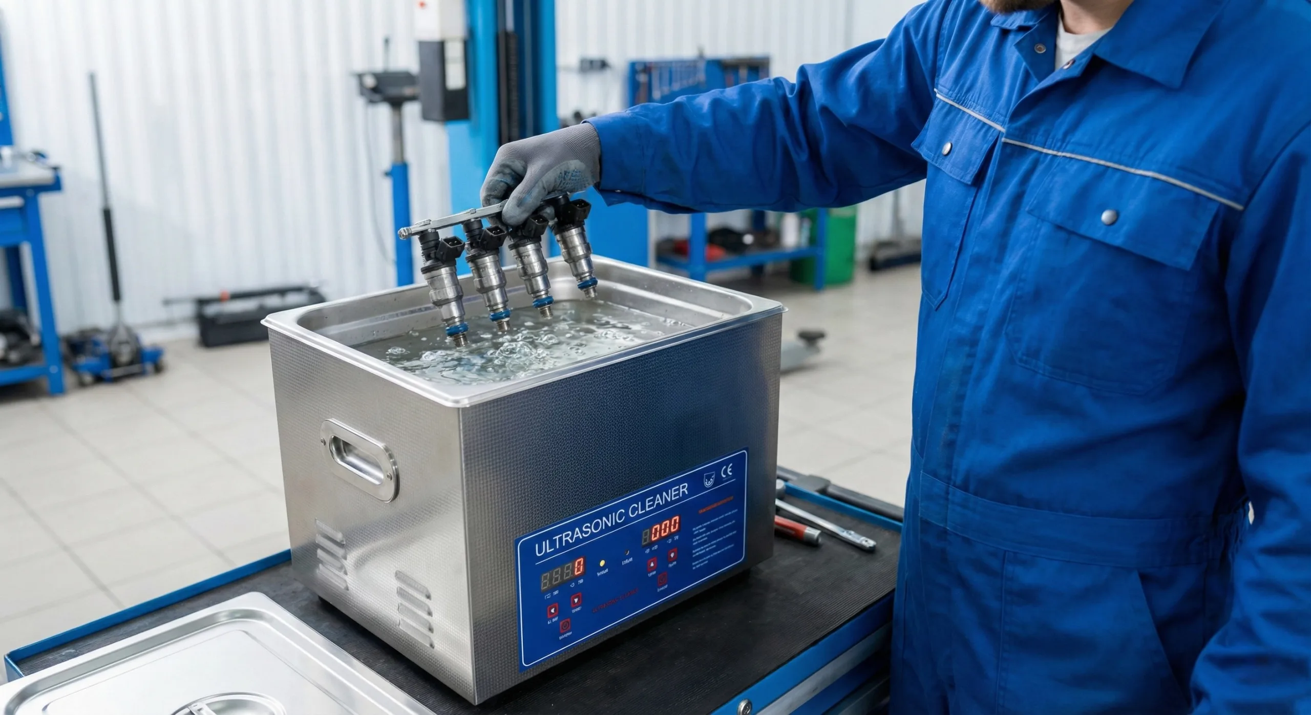 inyectores siendo limpiados en un banco de limpieza